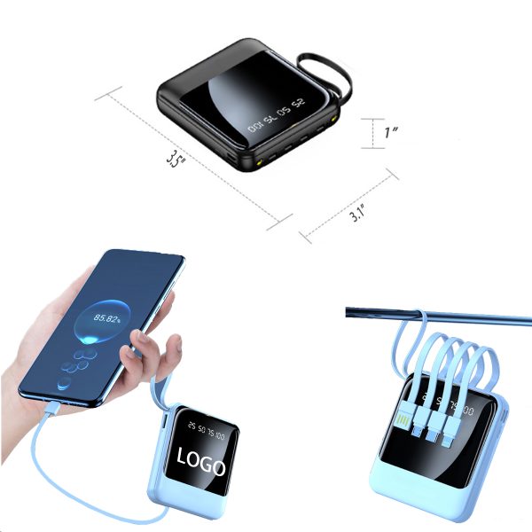 Mini Pocket Power Bank 20,000 mAh With Detachable Cable