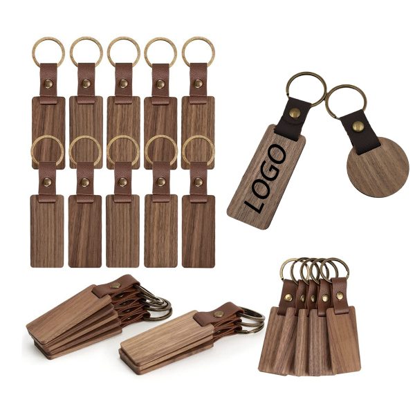 Wood Keychain Key Ring w/PU Leather Strap